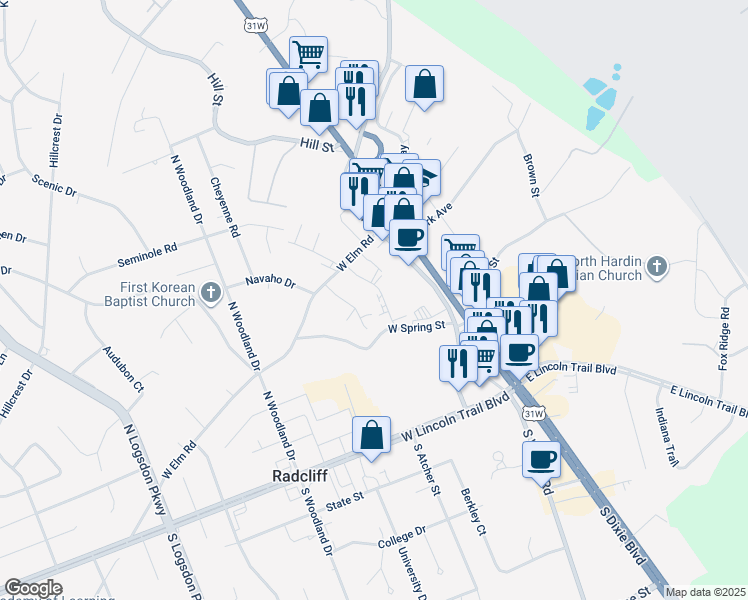 map of restaurants, bars, coffee shops, grocery stores, and more near 345 Elmwood Drive in Radcliff