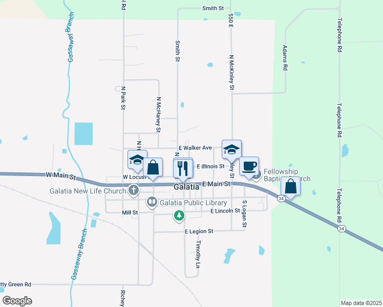 map of restaurants, bars, coffee shops, grocery stores, and more near 200-298 East Walker Avenue in Galatia