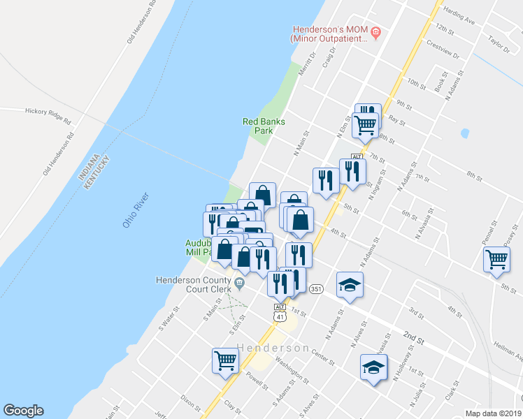 map of restaurants, bars, coffee shops, grocery stores, and more near 317 North Main Street in Henderson