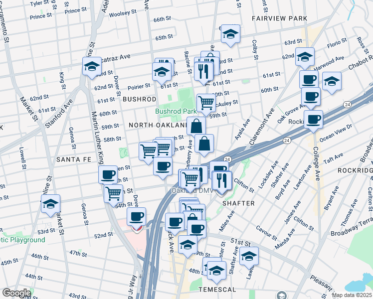 map of restaurants, bars, coffee shops, grocery stores, and more near 5685 Carberry Avenue in Oakland