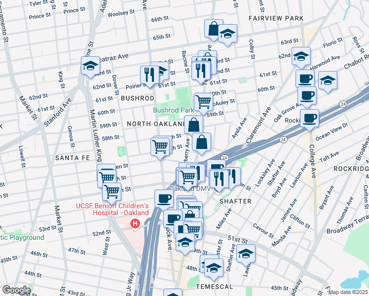 map of restaurants, bars, coffee shops, grocery stores, and more near 5685 Carberry Avenue in Oakland