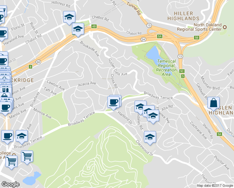 map of restaurants, bars, coffee shops, grocery stores, and more near 135 Cross Road in Oakland