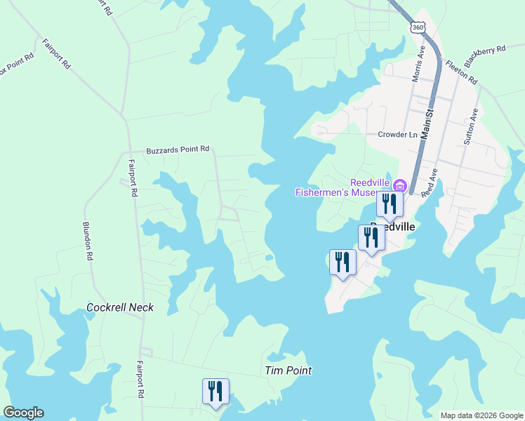 map of restaurants, bars, coffee shops, grocery stores, and more near 505 Buzzards Point Road in Reedville