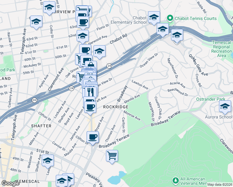 map of restaurants, bars, coffee shops, grocery stores, and more near 5591 Lawton Avenue in Oakland