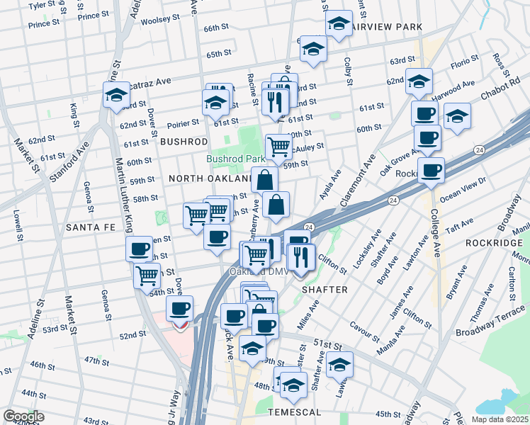 map of restaurants, bars, coffee shops, grocery stores, and more near 517 58th Street in Oakland