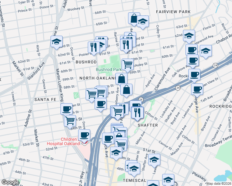 map of restaurants, bars, coffee shops, grocery stores, and more near 517 58th Street in Oakland