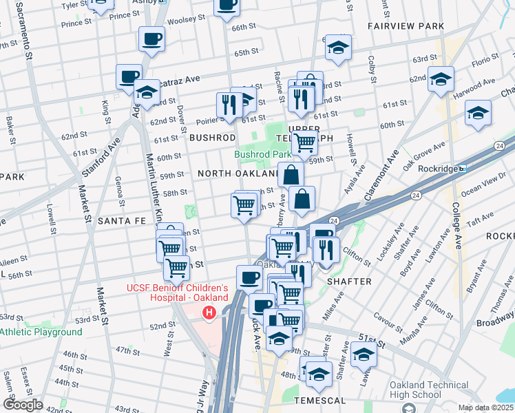 map of restaurants, bars, coffee shops, grocery stores, and more near 559 58th Street in Oakland