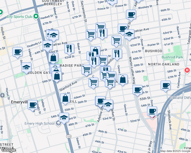 map of restaurants, bars, coffee shops, grocery stores, and more near 942 Stanford Avenue in Oakland
