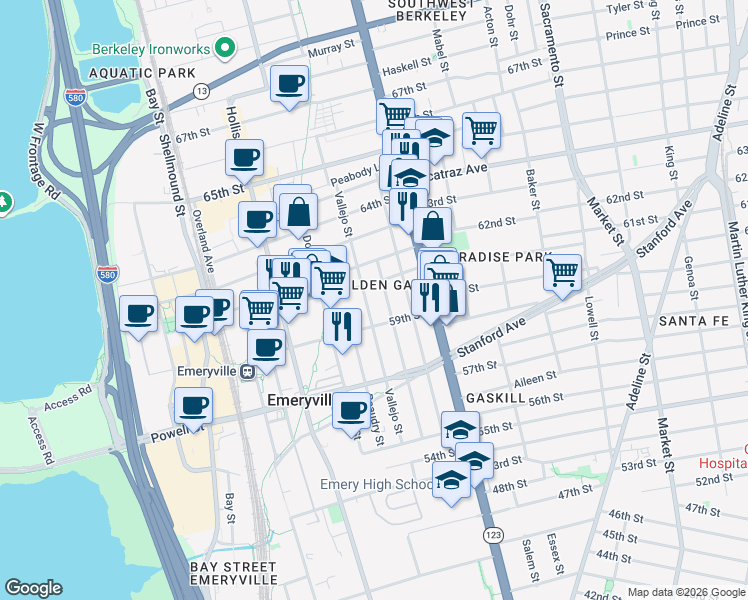 map of restaurants, bars, coffee shops, grocery stores, and more near 1201 61st Street in Oakland
