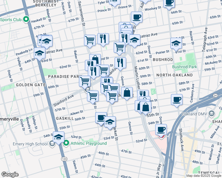 map of restaurants, bars, coffee shops, grocery stores, and more near 911 58th Street in Oakland