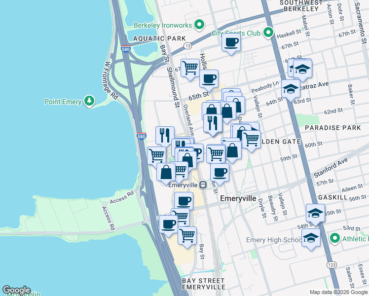 map of restaurants, bars, coffee shops, grocery stores, and more near 6301 Shellmound Street in Emeryville