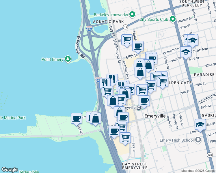 map of restaurants, bars, coffee shops, grocery stores, and more near 6425 Christie Avenue in Emeryville