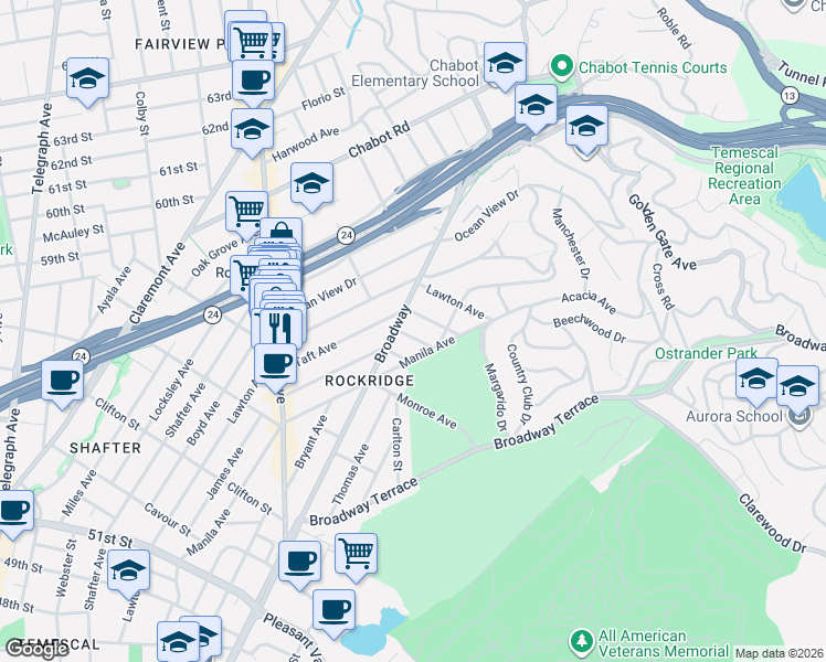 map of restaurants, bars, coffee shops, grocery stores, and more near 5826 Virmar Avenue in Oakland