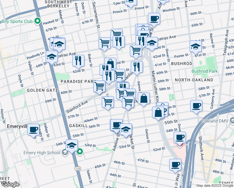 map of restaurants, bars, coffee shops, grocery stores, and more near in Oakland