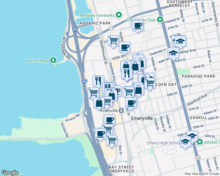 map of restaurants, bars, coffee shops, grocery stores, and more near 6301 Shellmound Street in Emeryville
