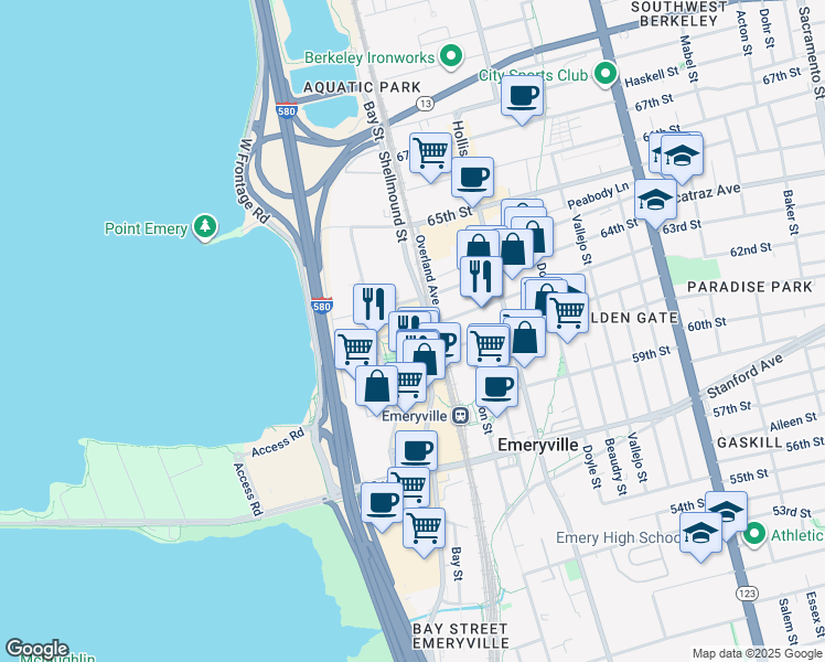 map of restaurants, bars, coffee shops, grocery stores, and more near 6301 Shellmound Street in Emeryville