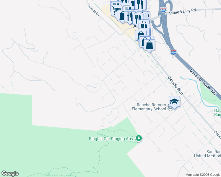 map of restaurants, bars, coffee shops, grocery stores, and more near 45 Lark Place in Alamo