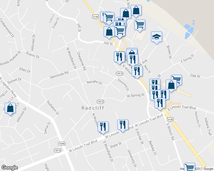 map of restaurants, bars, coffee shops, grocery stores, and more near 451 State Highway 1815 in Radcliff