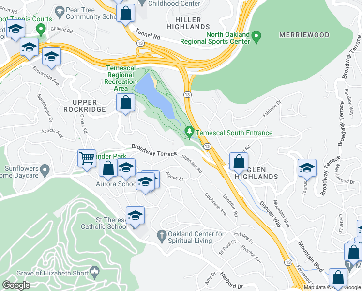 map of restaurants, bars, coffee shops, grocery stores, and more near 6440 Broadway Terrace in Oakland