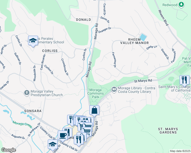 map of restaurants, bars, coffee shops, grocery stores, and more near in Moraga