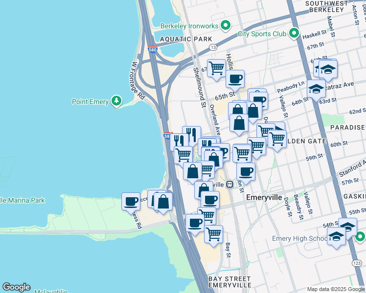map of restaurants, bars, coffee shops, grocery stores, and more near 6399 Christie Avenue in Emeryville