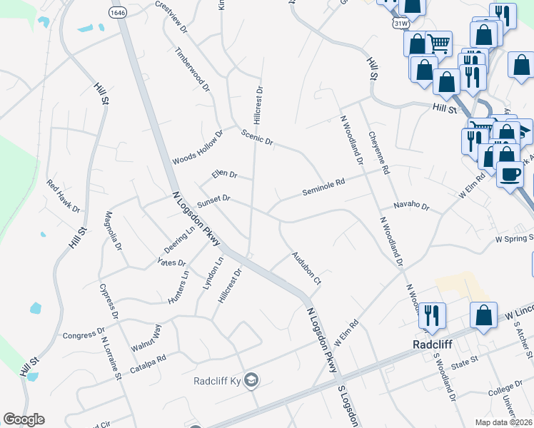 map of restaurants, bars, coffee shops, grocery stores, and more near 998 Seminole Rd in Radcliff
