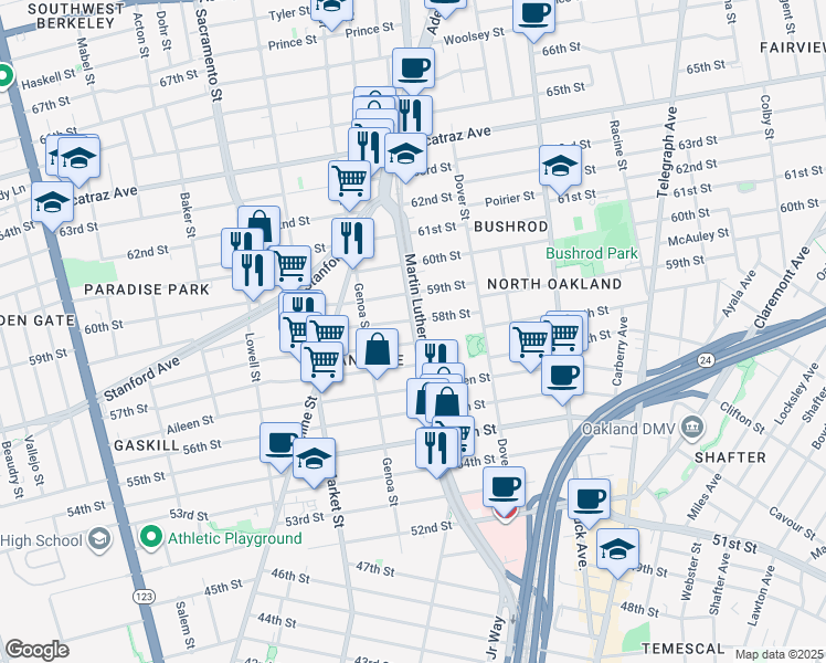 map of restaurants, bars, coffee shops, grocery stores, and more near 5773 Martin Luther King Junior Way in Oakland