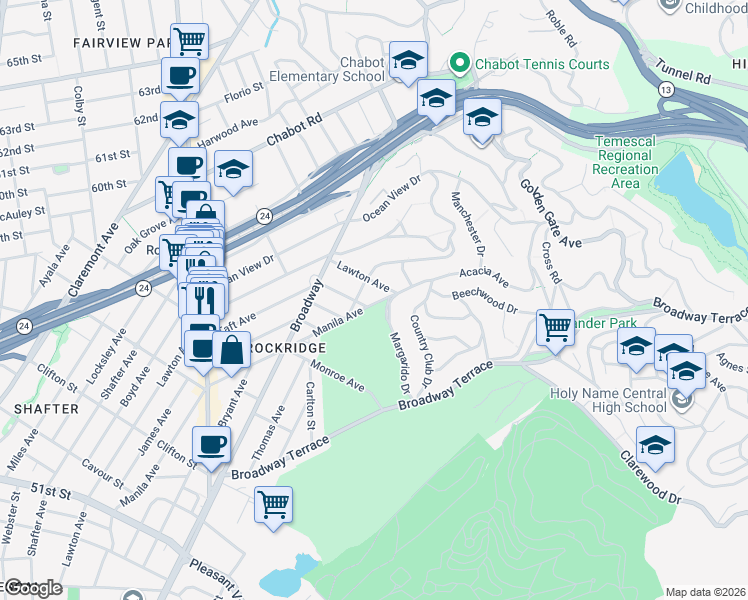 map of restaurants, bars, coffee shops, grocery stores, and more near 5765 Manila Avenue in Oakland