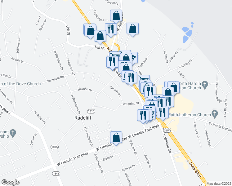 map of restaurants, bars, coffee shops, grocery stores, and more near 348 Elmwood Drive in Radcliff