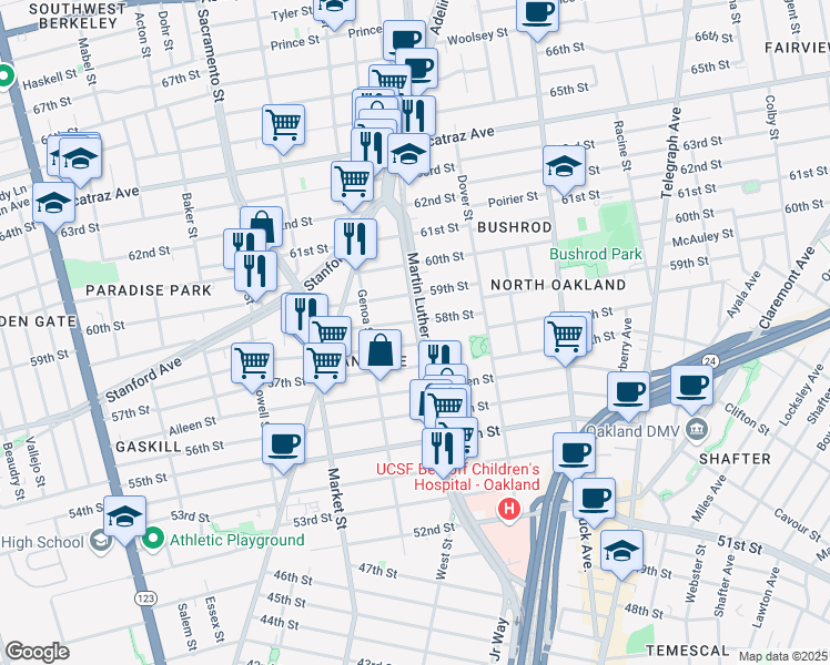 map of restaurants, bars, coffee shops, grocery stores, and more near 5773 Martin Luther King Junior Way in Oakland