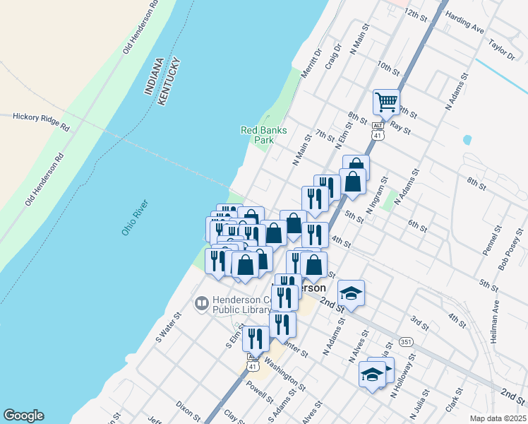 map of restaurants, bars, coffee shops, grocery stores, and more near 327 North Main Street in Henderson