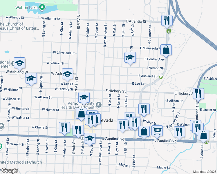 map of restaurants, bars, coffee shops, grocery stores, and more near 521 North Oak Street in Nevada