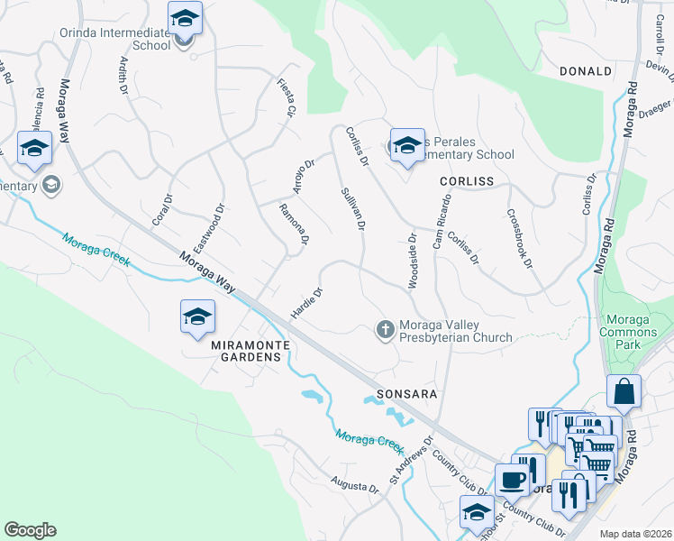 map of restaurants, bars, coffee shops, grocery stores, and more near 61 Hardie Drive in Moraga