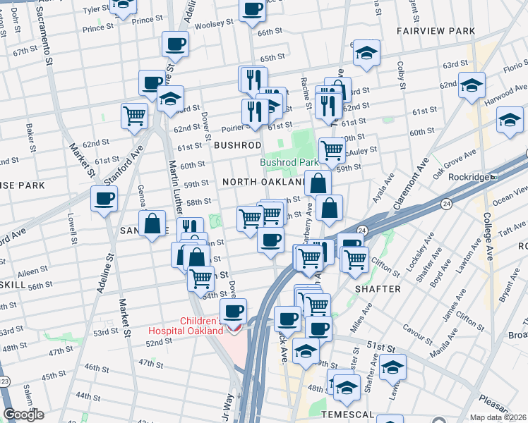 map of restaurants, bars, coffee shops, grocery stores, and more near in Oakland