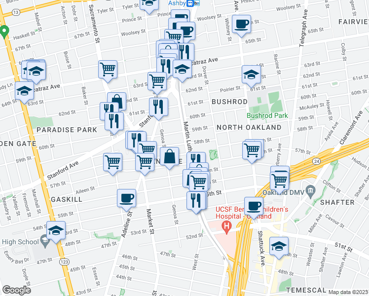 map of restaurants, bars, coffee shops, grocery stores, and more near 816 58th Street in Oakland