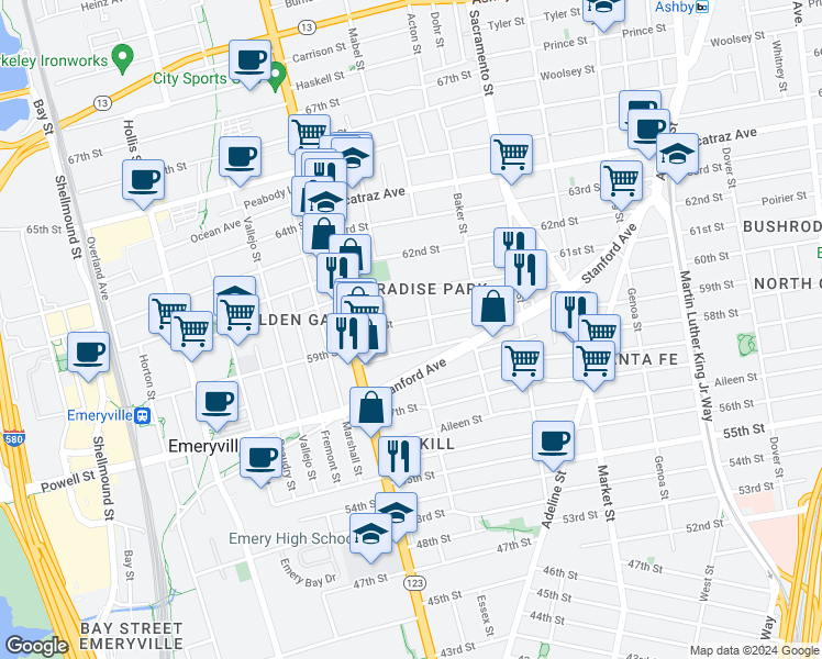 map of restaurants, bars, coffee shops, grocery stores, and more near 1050 60th Street in Oakland