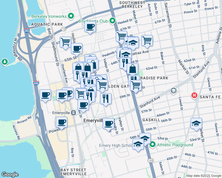 map of restaurants, bars, coffee shops, grocery stores, and more near 1274 61st Street in Emeryville
