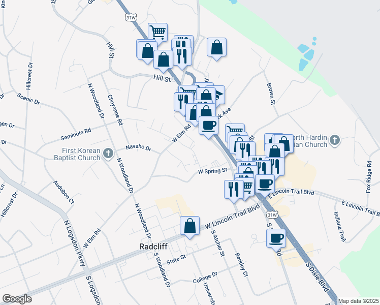 map of restaurants, bars, coffee shops, grocery stores, and more near 345 Elmwood Drive in Radcliff