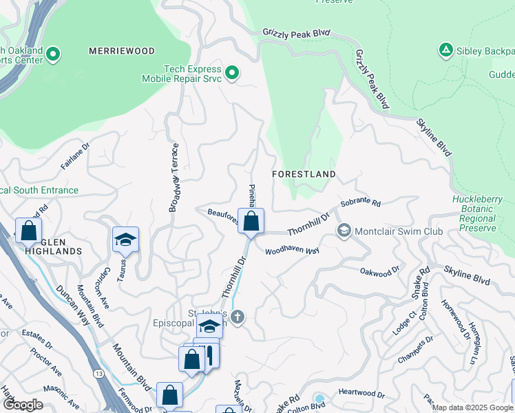 map of restaurants, bars, coffee shops, grocery stores, and more near 6400 Pinehaven Road in Oakland