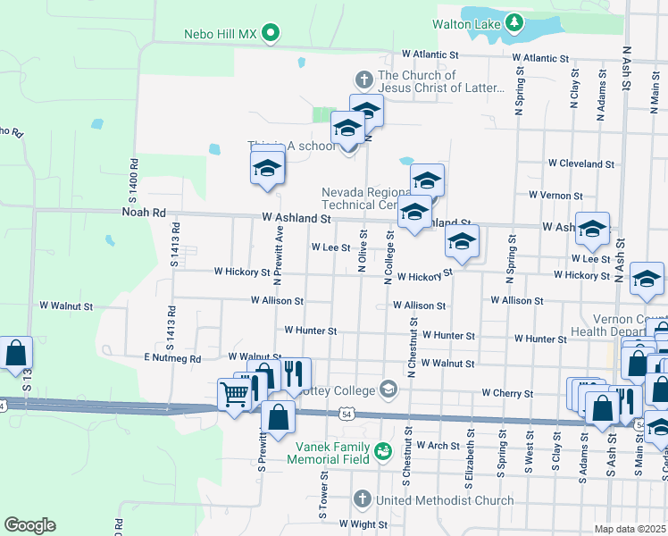 map of restaurants, bars, coffee shops, grocery stores, and more near 526 North Tower Street in Nevada