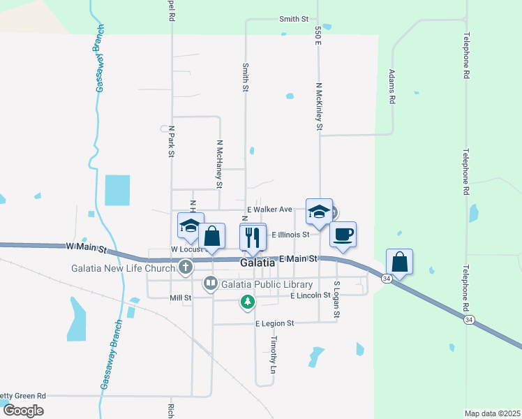 map of restaurants, bars, coffee shops, grocery stores, and more near 298 East Walker Avenue in Galatia