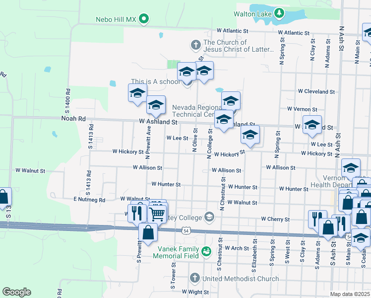 map of restaurants, bars, coffee shops, grocery stores, and more near 526 North Tower Street in Nevada