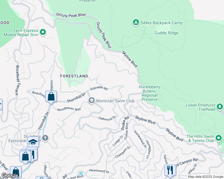 map of restaurants, bars, coffee shops, grocery stores, and more near 6724 Sobrante Road in Oakland