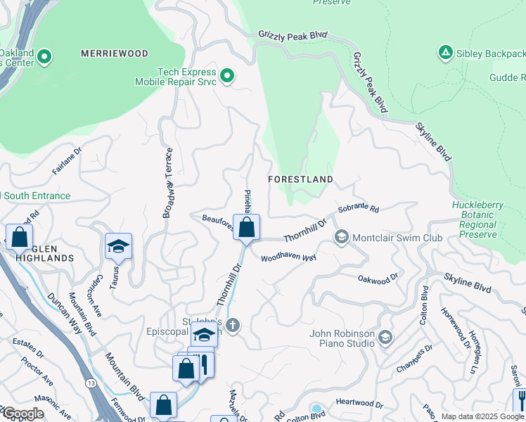 map of restaurants, bars, coffee shops, grocery stores, and more near 6497 Heather Ridge Way in Oakland