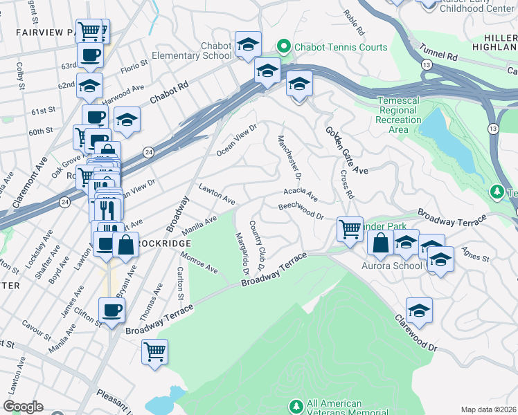 map of restaurants, bars, coffee shops, grocery stores, and more near 5814 Margarido Drive in Oakland