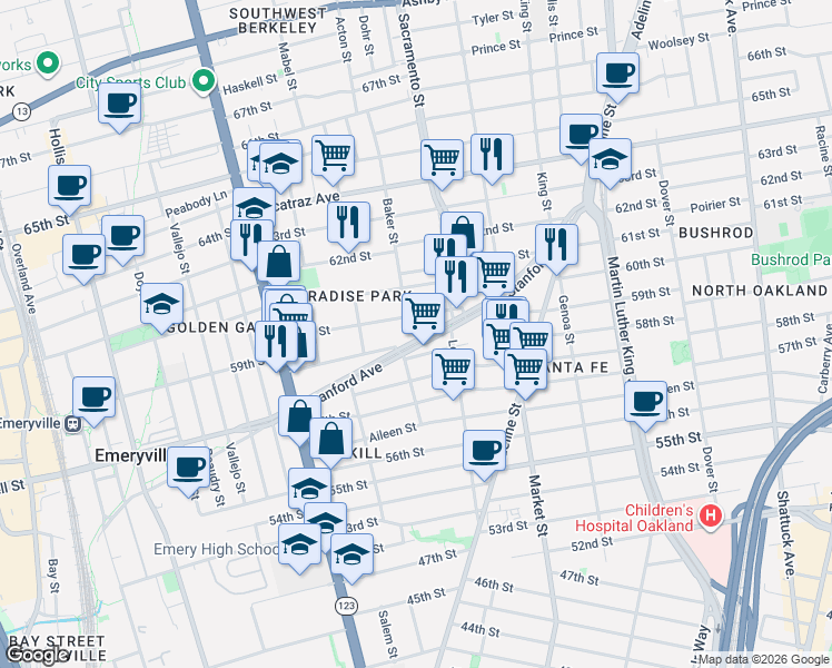map of restaurants, bars, coffee shops, grocery stores, and more near 977 60th Street in Oakland