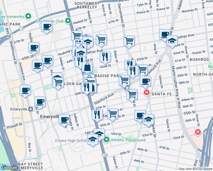 map of restaurants, bars, coffee shops, grocery stores, and more near 1050 60th Street in Oakland