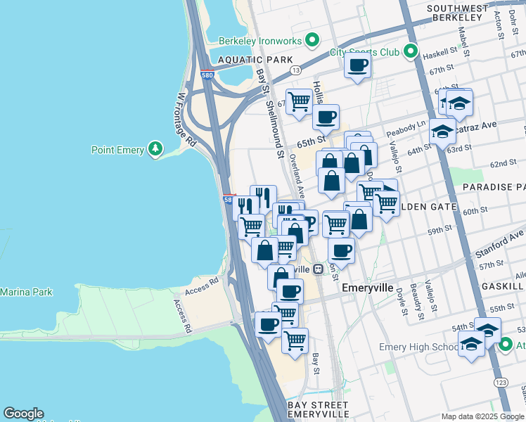 map of restaurants, bars, coffee shops, grocery stores, and more near 1609 64th Street in Emeryville