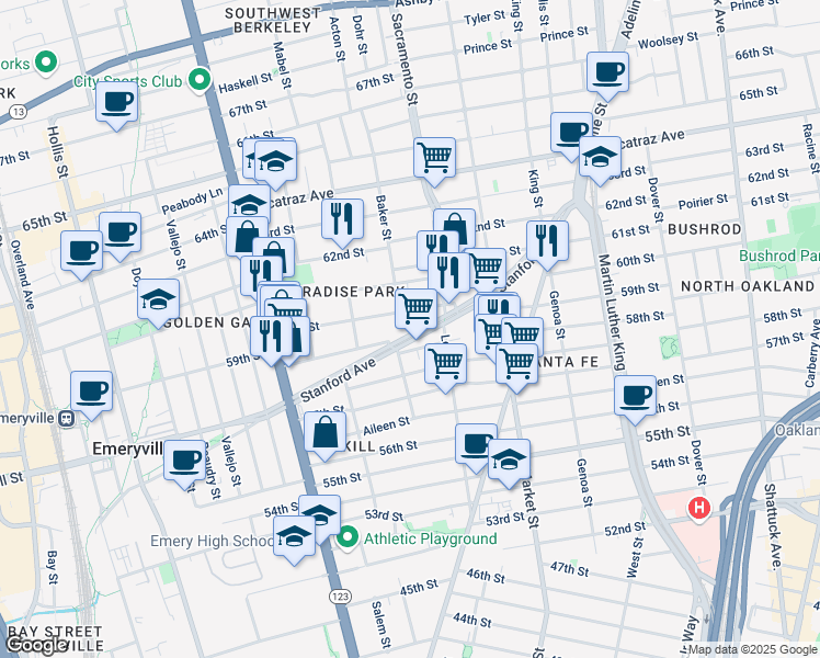 map of restaurants, bars, coffee shops, grocery stores, and more near 980 Stanford Avenue in Oakland