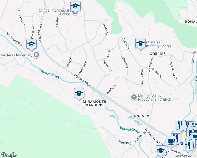 map of restaurants, bars, coffee shops, grocery stores, and more near 5 Corte Sombrita in Orinda